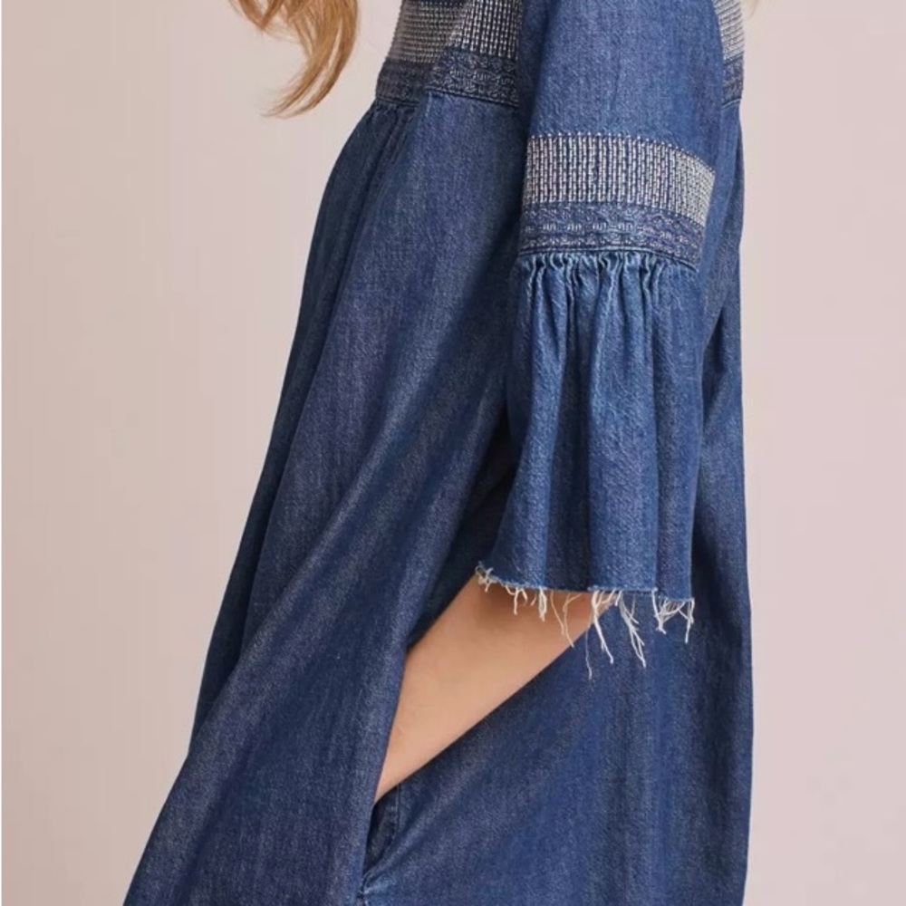 Current/Elliot Embroidered Denim Jean boho Tunic Dress w half sleeves - Picture 3 of 9